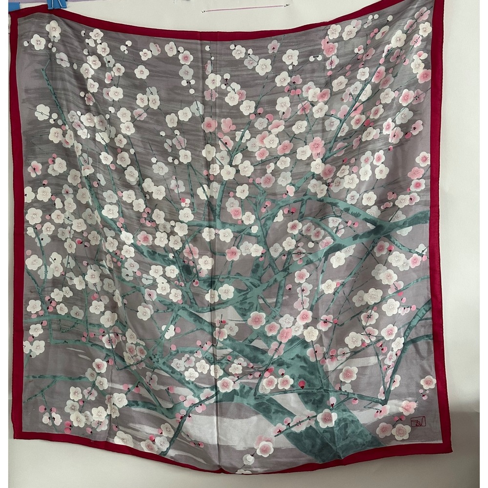 DV Signature Cherry Blossom Silk Square Scarf Gray Pink Floral 34.5in